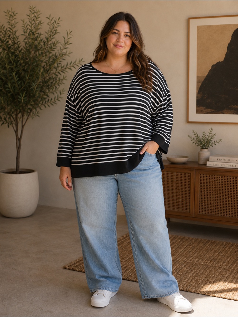 Lauren Ralph Lauren Black and White Striped Long Sleeve Top